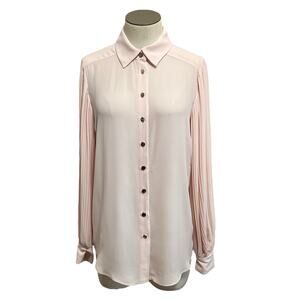 T Tahari Womens Blush Pleated Balloon Sleeve Button Up Romantic Blouse Sz XS